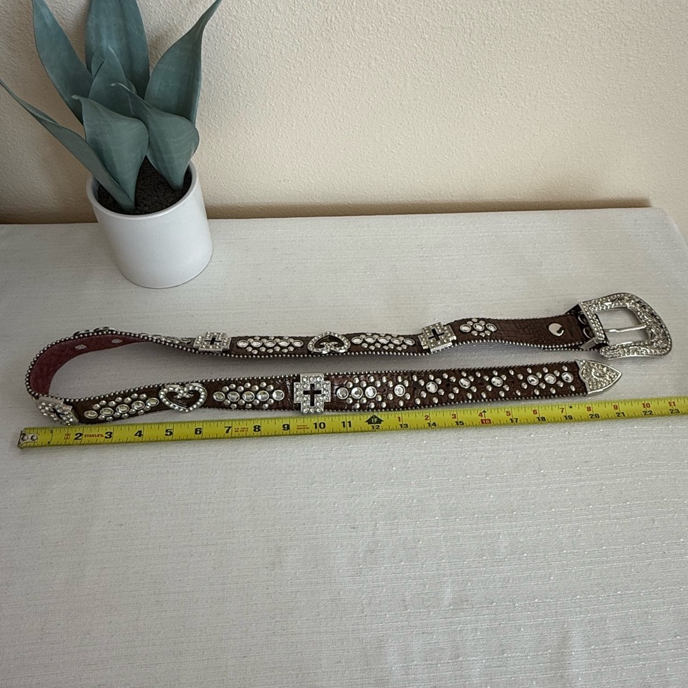 Brown Suede Silver Rhinestone Embellished Western Belt - Picture 6 of 7